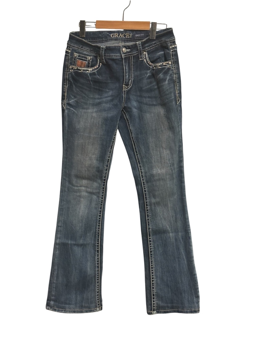 Grace in LA Dark Wash Flared Jeans with Contrast Stitching